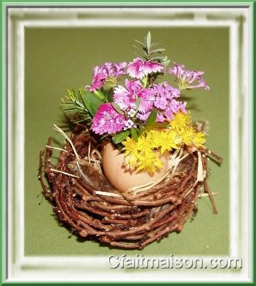 Coquille d'uf avec des petites fleurs fraches dans un nid fait maison avec des tiges de vigne vierge.