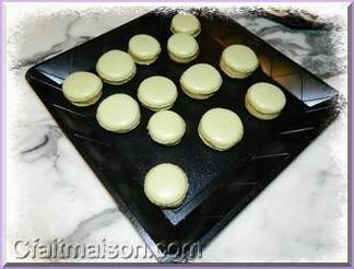 Coques de macarons teints en vert au th matcha en poudre.